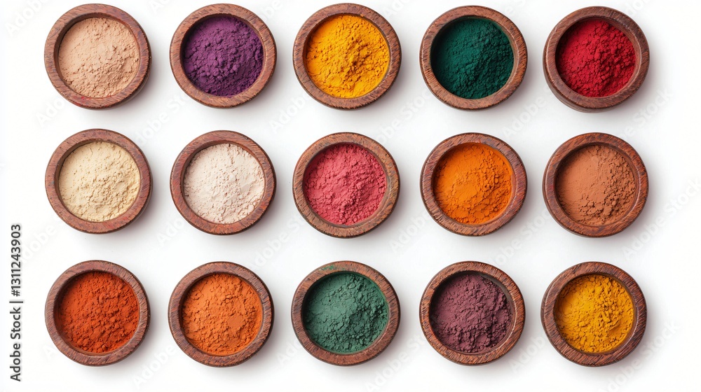 Colorful Powdered Spices in Wooden Bowls Top View Food Photography Culinary Ingredients Herbal Colorful Powdered Spices in Wooden Bowls Top View Food Photography Culinary Ingredients Herbal