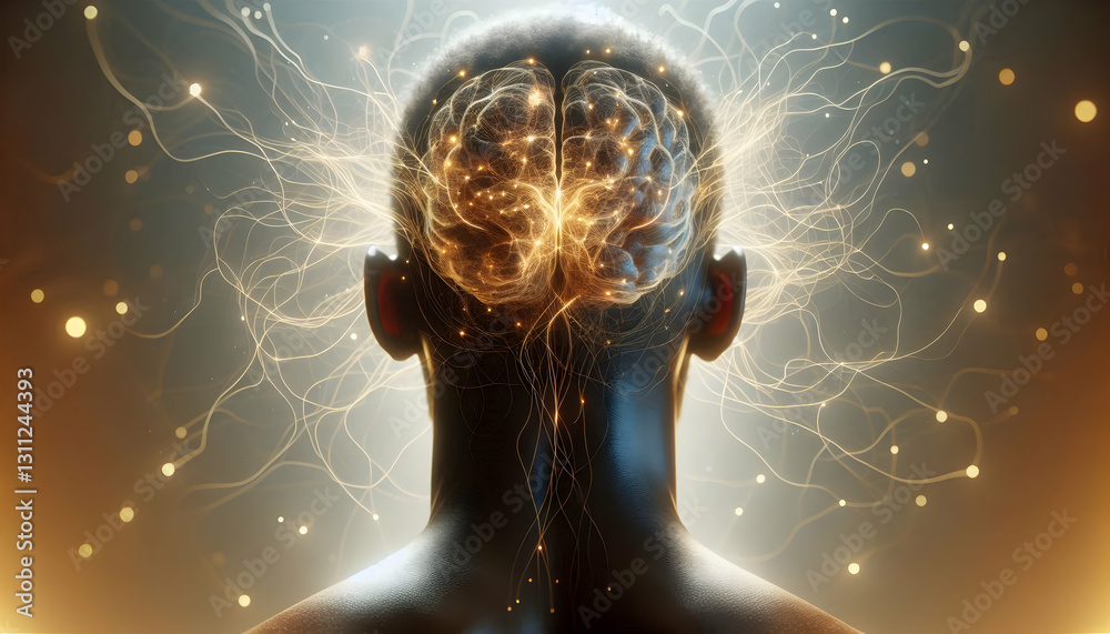 Consciousness Aesthetic, soft-focus interpretation of the back of a human head, brain subtly glowing with neural p3 Consciousness Aesthetic, soft-focus interpretation of the back of a human head, brain subtly glowing with neural p3