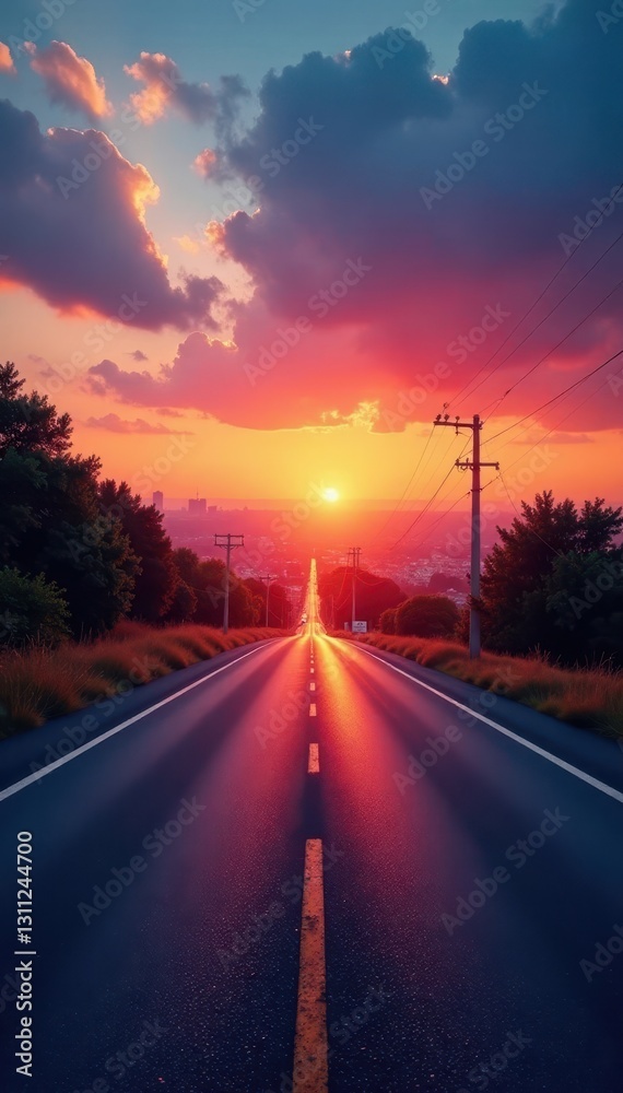 Sunset cityscape panorama, empty asphalt road, view, construction, photo Sunset cityscape panorama, empty asphalt road, view, construction, photo