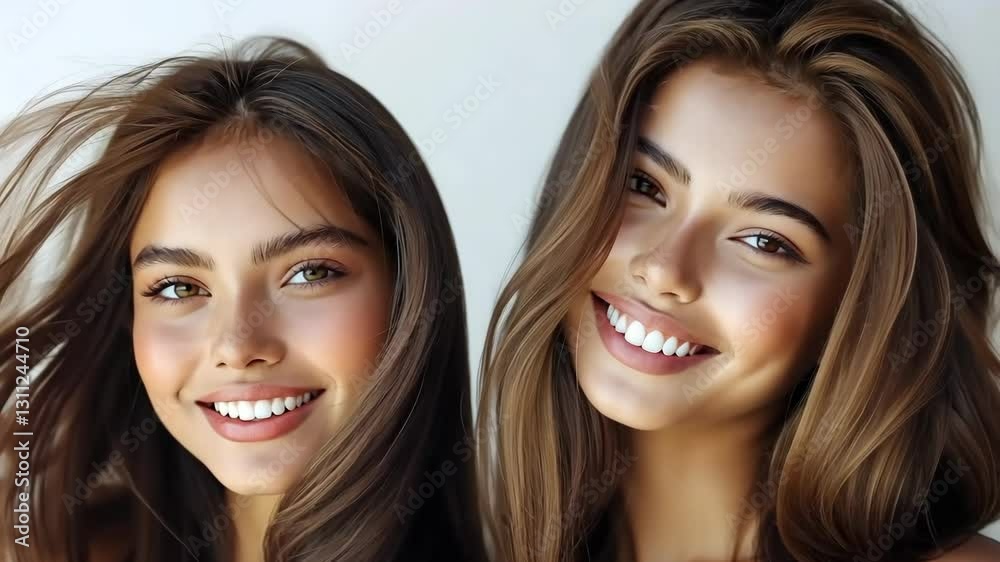 Two women with long brown hair and smiling. They are both wearing makeup and have their hair styled Two women with long brown hair and smiling. They are both wearing makeup and have their hair styled