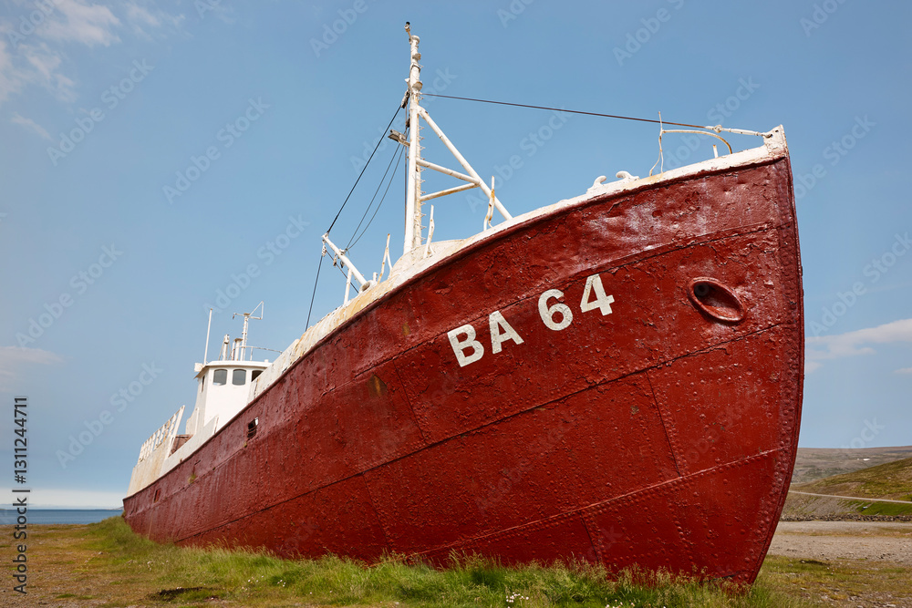 Picturesque Gardar BA 64 shipwreck at Latrabjarg Peninsula. Northwest Iceland