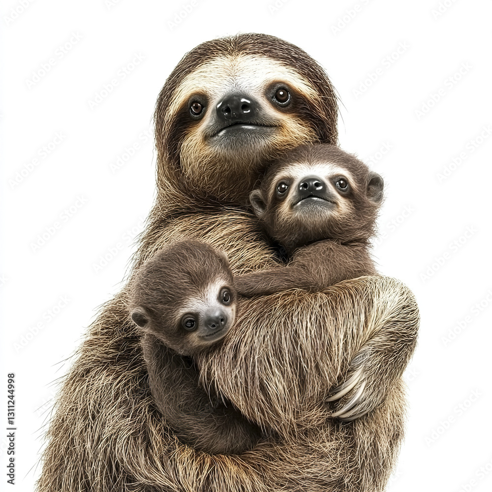 Fototapeta premium Sloth mother lovingly holding two baby sloths on white background