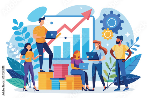 A group of analysts is working together, examining growth data on laptops and discussing strategies, people who analyse growth charts