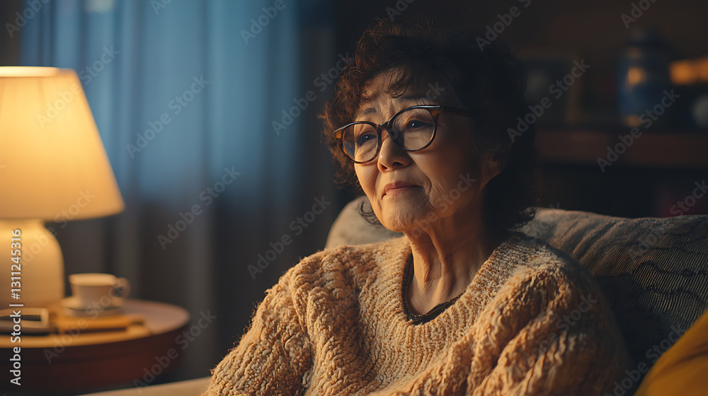 Fototapeta premium A confident mature chinese woman with short gray hair and glasses sits comfortably in a stylish living space, wearing a knitted sweater, reflecting peaceful contemplation.