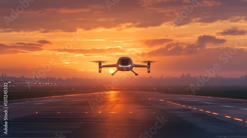 Drone taxi flying over airport runway at sunset. Illustrates future of air travel, urban mobility. photo