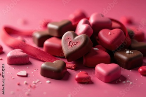 Pile of heart chocolates, ribbon, close-up, scattered , chocolates, close-up, food