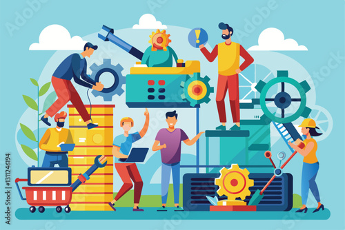 Workers collaborate to fix machinery, using tools and equipment in a bright workshop filled with gears, people who repair machines