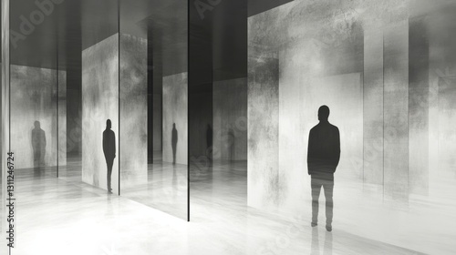 Like-minded people in a room, surrounded by mirrors on the walls reflecting their own thoughts, while outside, different voices seem blurred and distant. 