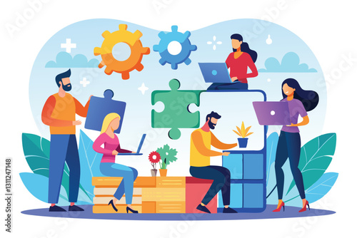 Group of employees engaged in teamwork, solving puzzles related to employee benefits in a colorful workspace, People with employee benefits puzzles,