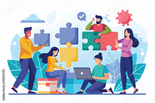 Group of professionals engaged in solving employee benefits puzzles while discussing strategies, People with employee benefits puzzles,