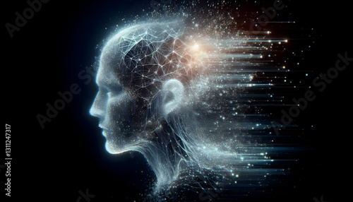 Consciousness A human head dissolving into particles of light, symbolizing the ephemeral and dynamic nature of tho4