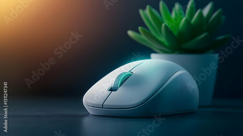 A sleek white computer mouse sits elegantly beside a small green plant, symbolizing the blend of technology and nature. photo