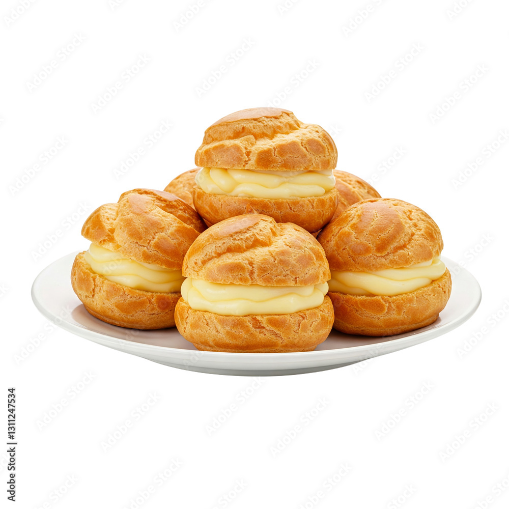 Delicious profiteroles on a plate, perfectly isolated on a transparent background. Ideal for food blogs, menus, and culinary designs Delicious profiteroles on a plate, perfectly isolated on a transparent background. Ideal for food blogs, menus, and culinary designs