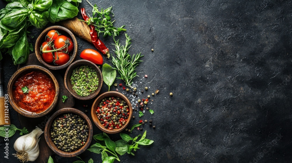 A Culinary Palette: A beautifully arranged assortment of fresh herbs, vibrant tomatoes, and diverse spices presented in rustic bowls and a classic stone surface. A Culinary Palette: A beautifully arranged assortment of fresh herbs, vibrant tomatoes, and diverse spices presented in rustic bowls and a classic stone surface.