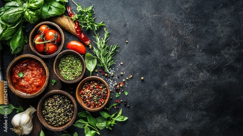 A Culinary Palette: A beautifully arranged assortment of fresh herbs, vibrant tomatoes, and diverse spices presented in rustic bowls and a classic stone surface.