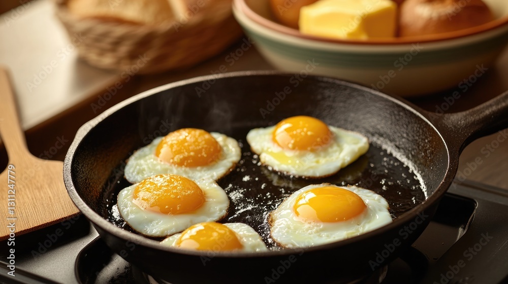 Fried eggs sizzling in skillet, golden yolks gleaming, breakfast Fried eggs sizzling in skillet, golden yolks gleaming, breakfast