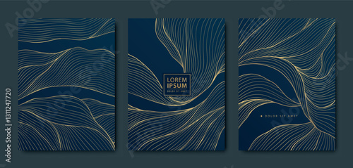 Vector set of gold wave art design, glitter japanese elite templates. Luxury premium elegant backgrounds, abstract line water flyers, banners, invitations, posters, menu design
