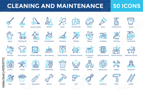 Cleaning and Maintenance icon set with broom, mop, vacuum cleaner, dustpan, duster, cleaning cloth, sponge, brush, cleaning spray, bucket icon. Simple outline color vector 

