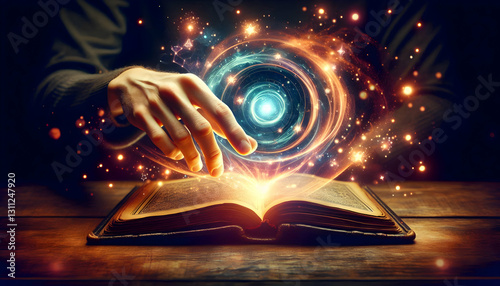Consciousness A hand placed on a glowing, open book surrounded by magical sparks, symbolizing the conscious act of3