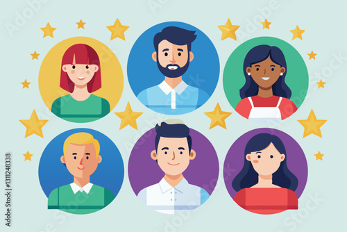 A diverse group of six people is displayed in vibrant circles, each represented with rating stars, People with like rating,