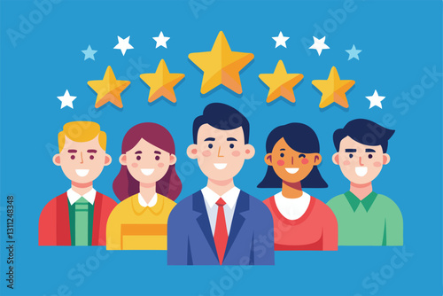 A diverse group of smiling individuals showcases five-star ratings, celebrating shared experiences together, People with like rating,