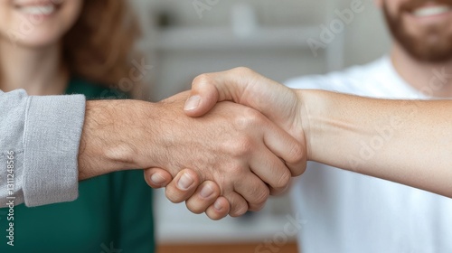 Successful handshake between two business partners or colleagues in a corporate office setting symbolizing a new agreement partnership or with trust and confidence