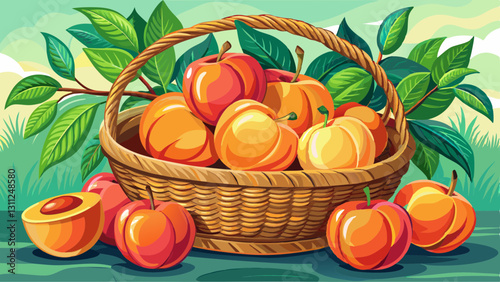 
Fresh peaches in a wicker basket with green leaves.