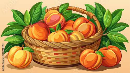 
Fresh peaches in a wicker basket with green leaves.