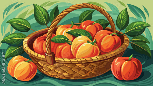 
Fresh peaches in a wicker basket with green leaves.