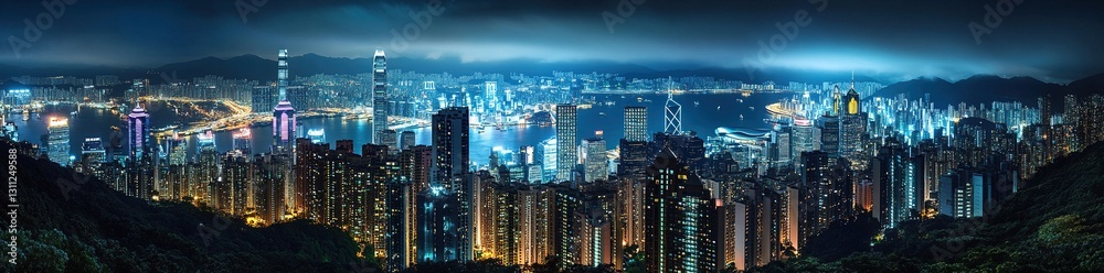 Night cityscape panorama, skyscrapers, city lights, harbor, mountains. Night cityscape panorama, skyscrapers, city lights, harbor, mountains.