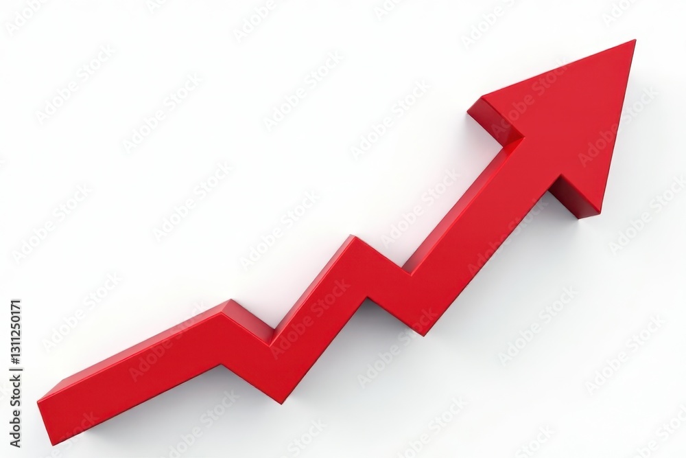 Red upward arrow graph, cut out; isolated on white, rising trend, concept Red upward arrow graph, cut out; isolated on white, rising trend, concept