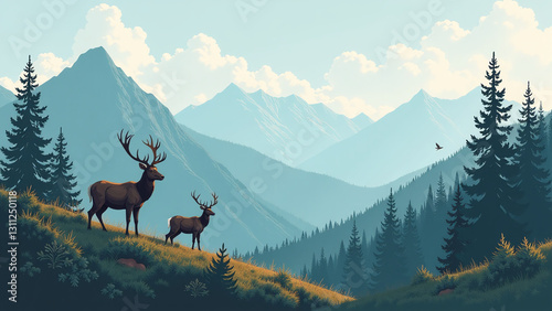 deer eagles depicted mountainous landscape within vector illustration forested