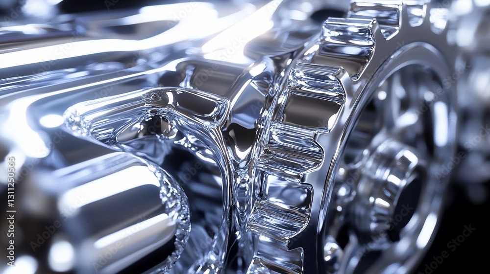 Chrome gears meshing, close-up, industrial background, engineering