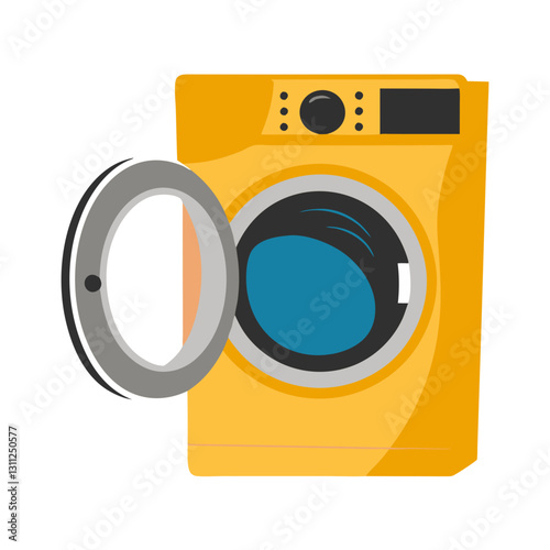 Open yellow washing machine with blue drum