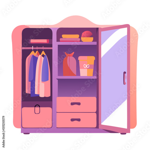 Open wardrobe with clothes and accessories in modern style
