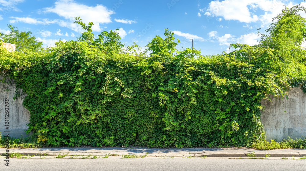 Lush green vine-covered wall against a bright blue sky Lush green vine-covered wall against a bright blue sky
