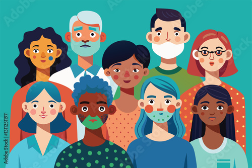 This illustration features a diverse group of people with visible skin conditions, showcasing uniqueness, People with skin diseases