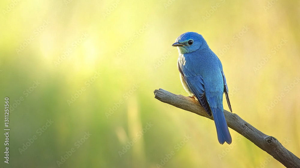 Fototapeta premium Blue bird perched on sunlit branch in serene setting