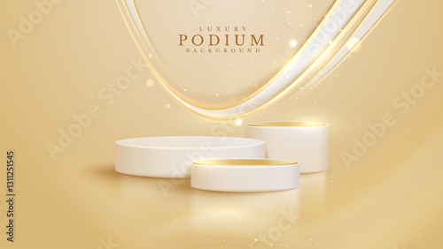 Elegant white empty podium for displaying products with sparkling golden curve elements decorated with glowing effect and bokeh.