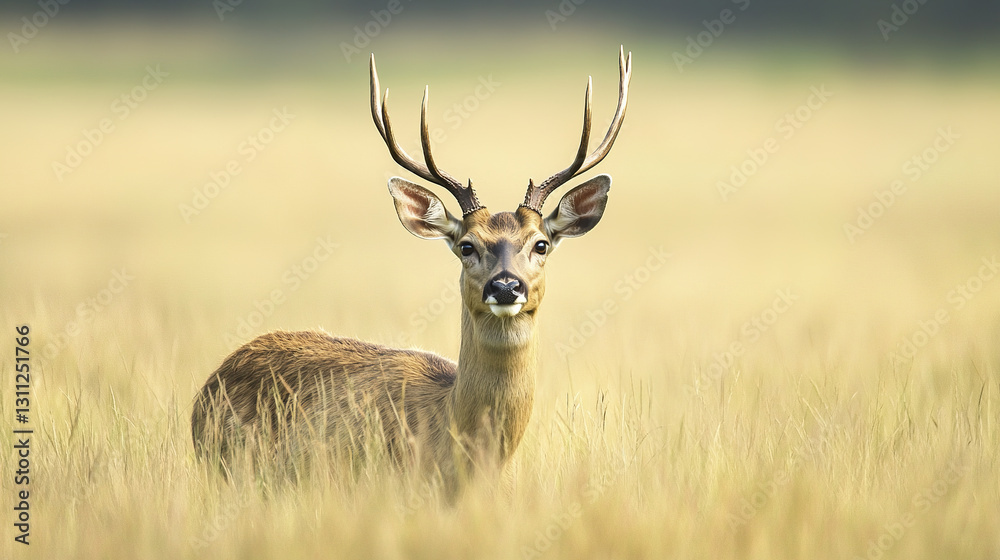 Deer standing tall in golden grass with antlers visible Deer standing tall in golden grass with antlers visible