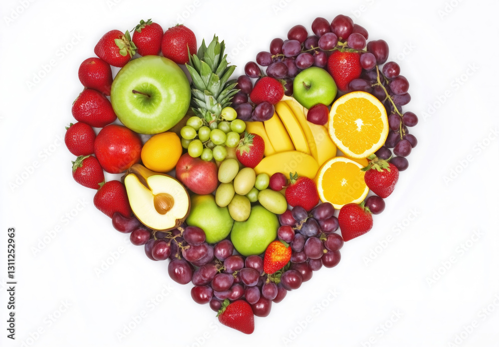 A heart made from vibrant, fresh fruits arranged beautifully on a white backdrop. A heart made from vibrant, fresh fruits arranged beautifully on a white backdrop.