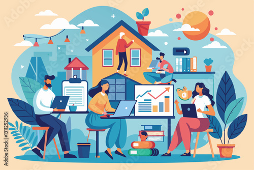 A group of individuals collaborates from home using laptops in a bright, inviting workspace with indoor plants, People work from home trending