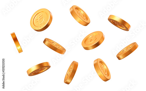 3d flying golden Turkish lira coins with different angles. Stock vector illustration on isolated background.
