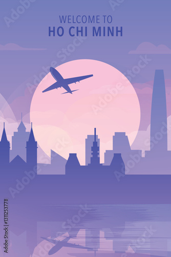 Welcome to Ho Chi Minh, Vietnam. Gradient city poster, card with shapes of skyline, waterfront and airplane. Asia travel vector illustration, print, graphic
