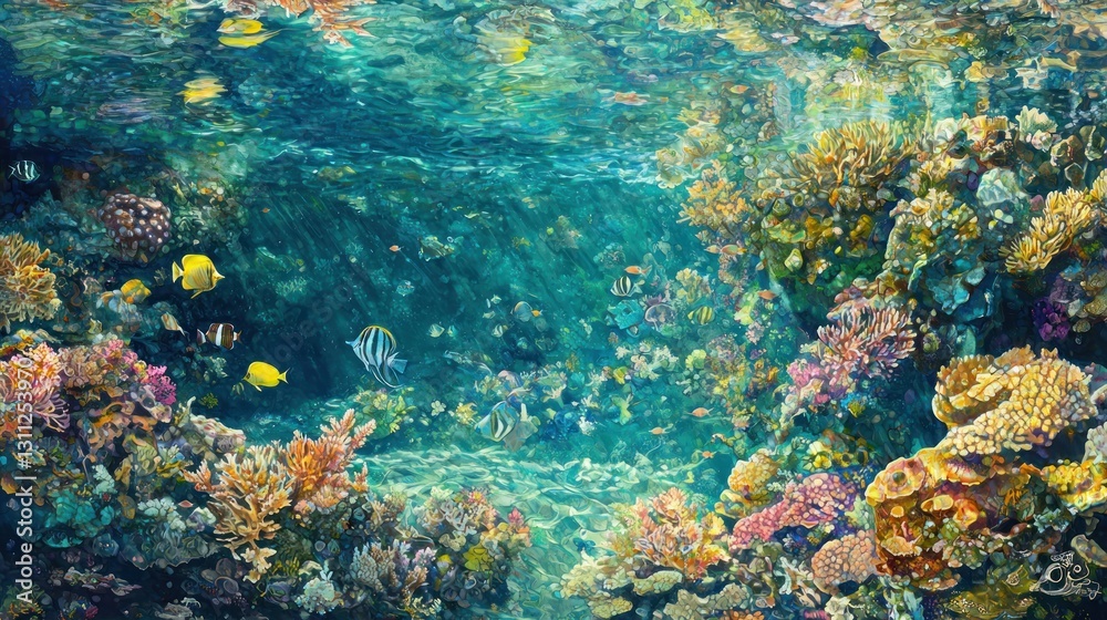 Fototapeta premium Vibrant coral reef teeming with colorful fish and diverse marine life.