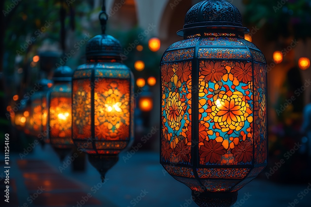 Floral Pattern Lanterns Glowing in a Tranquil Setting Floral Pattern Lanterns Glowing in a Tranquil Setting