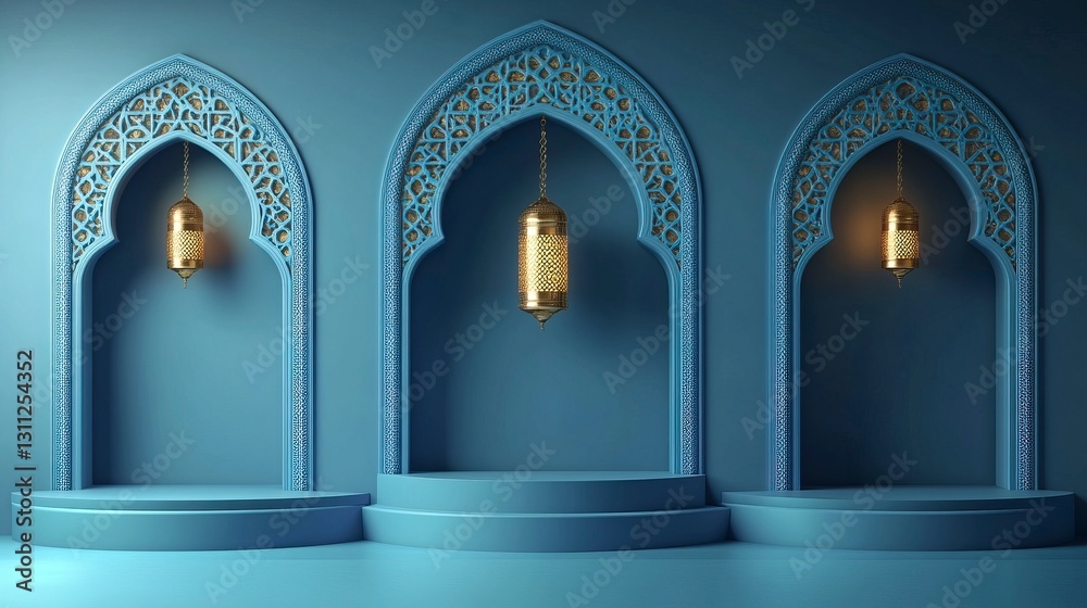 Fototapeta premium Vector illustration of three podiums for product presentation, blue background with Islamic arches and a lantern hanging on the wall, golden accents, Ramadan Islamic concept design, detailed backgroun