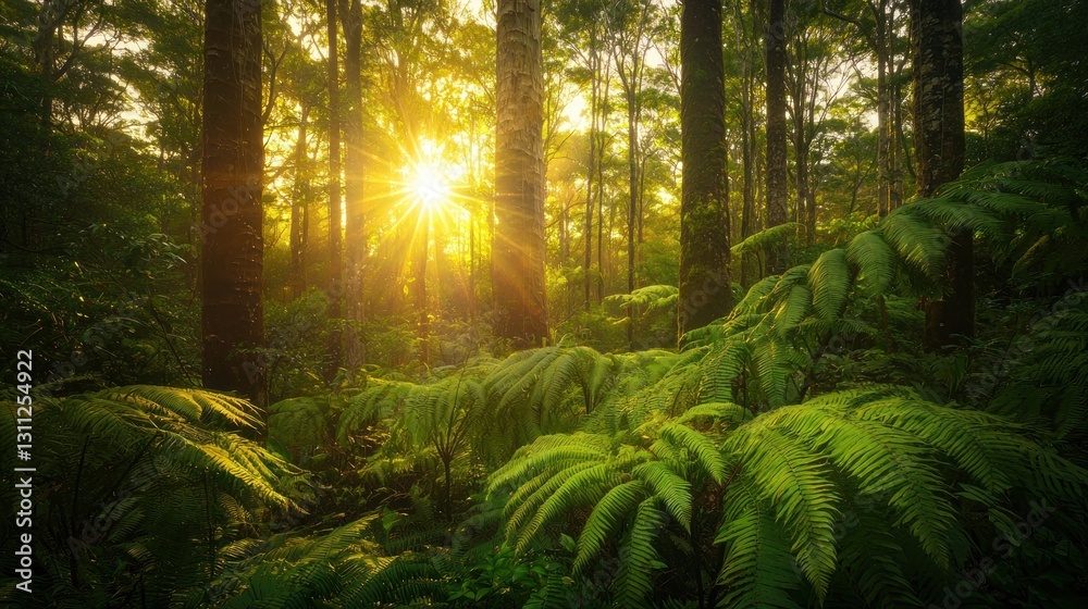 Sun rays through lush forest canopy, ferns. Sun rays through lush forest canopy, ferns.