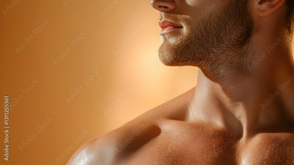 Close-up of a muscular man showcasing a strong jawline and defined features against a warm, soothing background. Close-up of a muscular man showcasing a strong jawline and defined features against a warm, soothing background.
