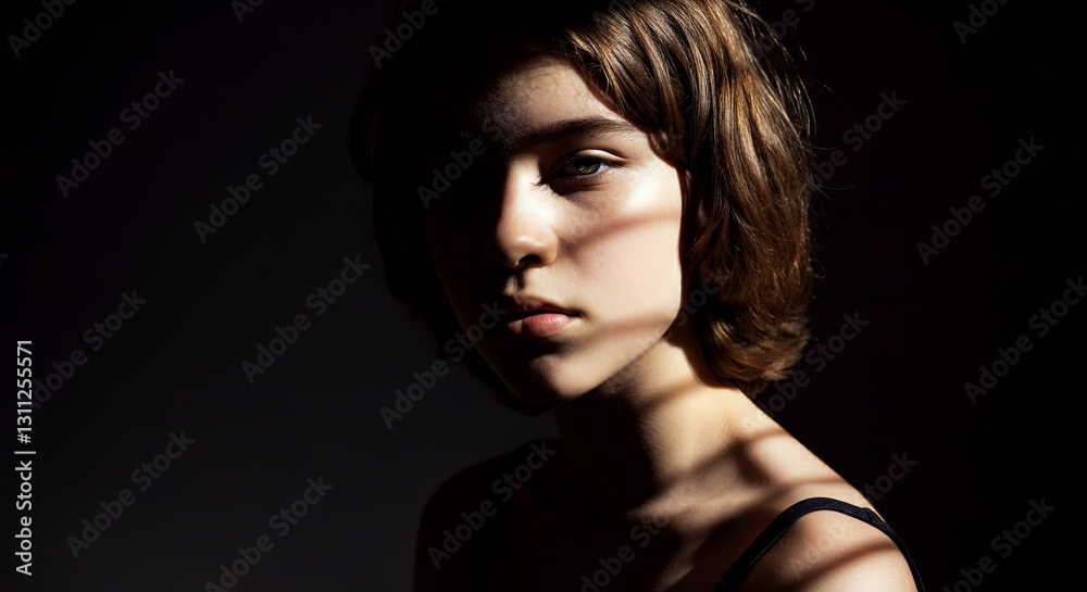 Ethereal shadows dance across a serene face, capturing a blend of mystery and elegance Ethereal shadows dance across a serene face, capturing a blend of mystery and elegance